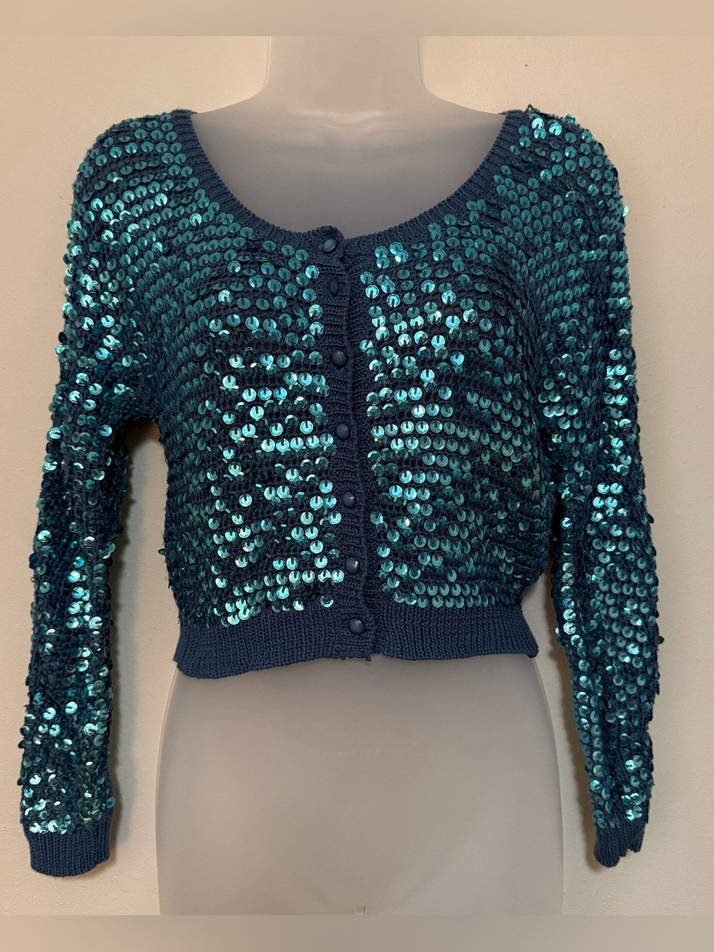 Vintage Betsey Johnson Blue Sequin Knitted Button Cropped Cardigan READ